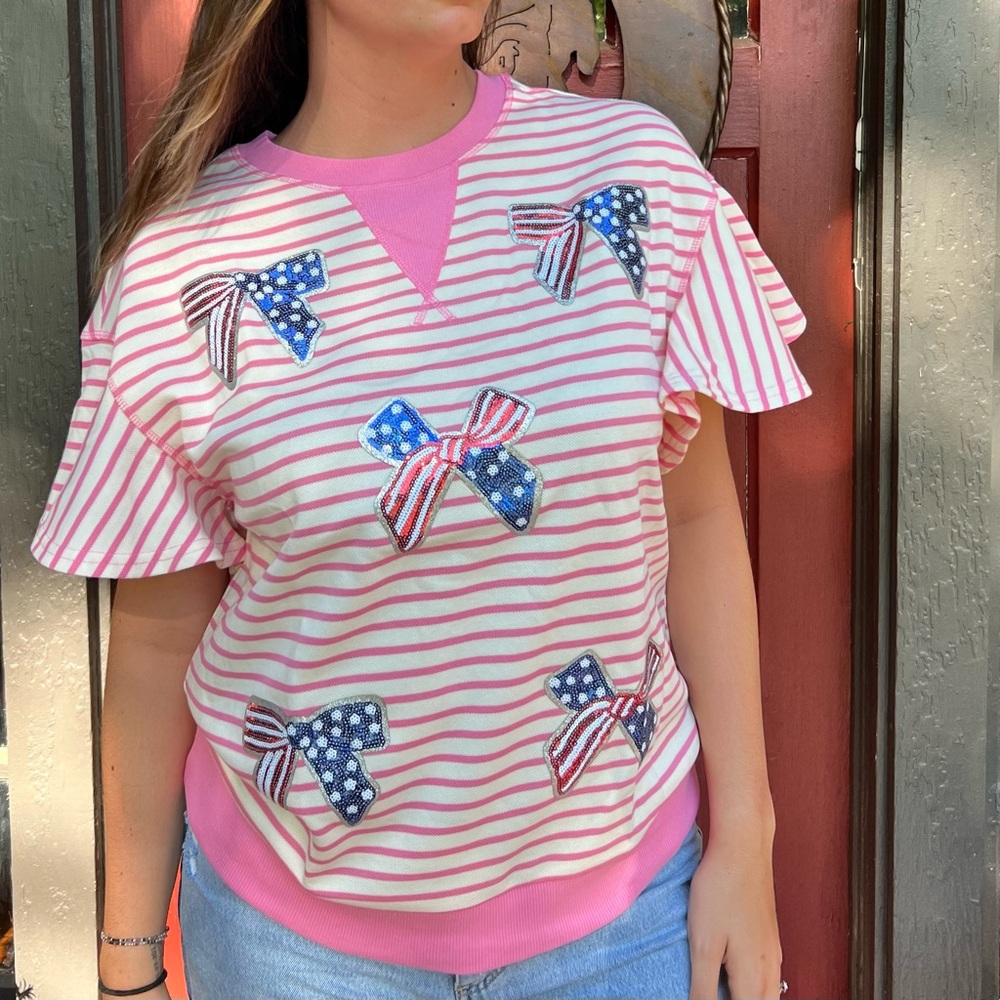 Striped Pink and White Top with Bow Accents Perfect for 4th of July!